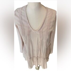 RO&DE Blush Pink Long Sleeve Blouse Crochet Trim Bohemian Cottage Core Small